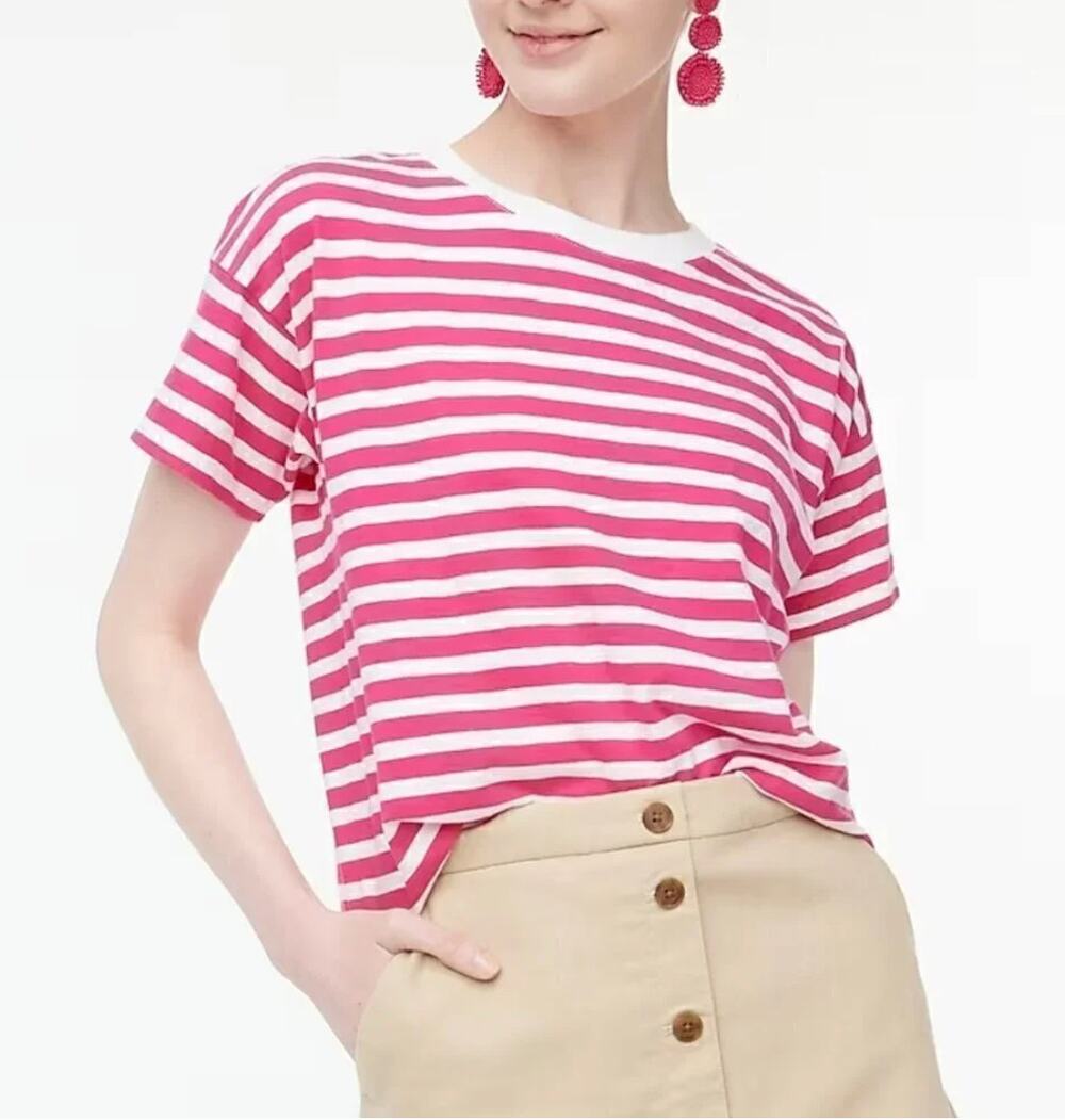 J. Crew Hot Pink White Stripe Boxy Crewneck T Shirt Top Large L